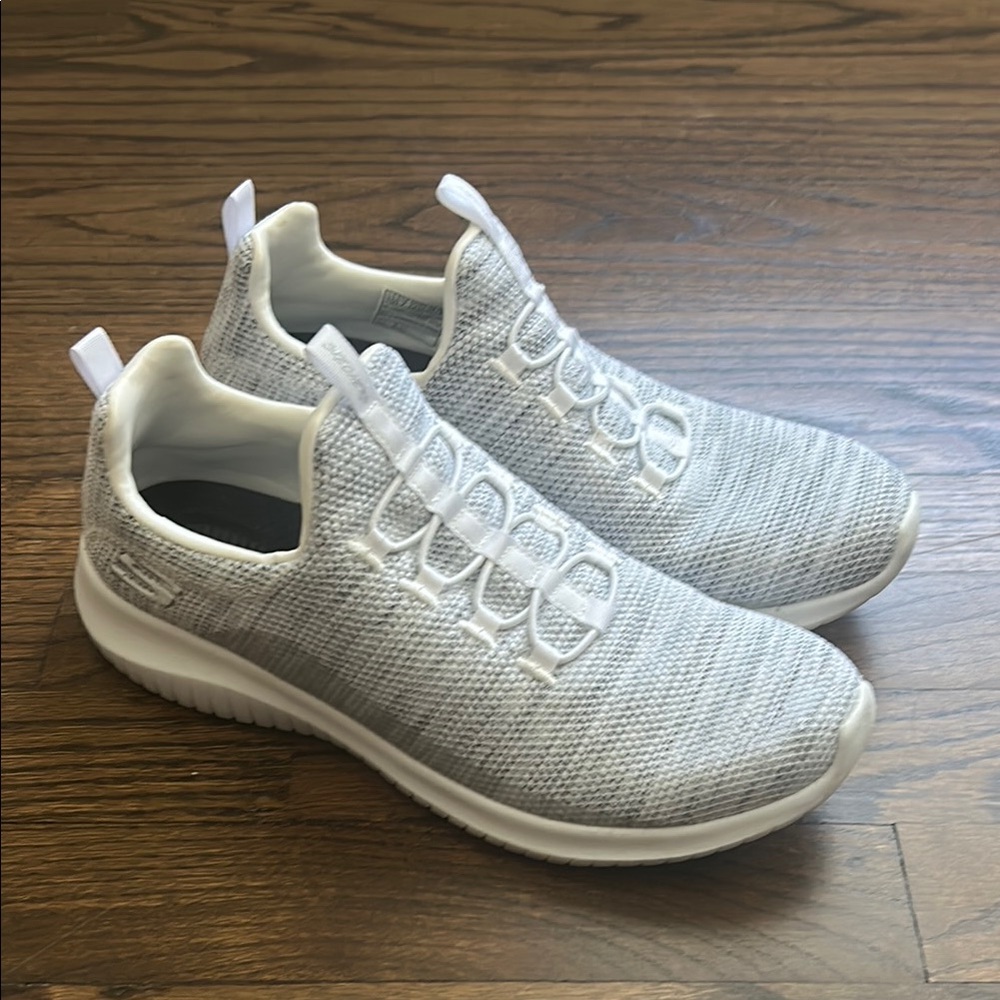 Skechers Gray and White Knit Sneakers with Cushioned Sole